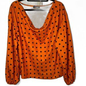 Flamingo Orange & Black Polka-Dot Long Sleeve Scoop Neck Blouse Size 2XL New!